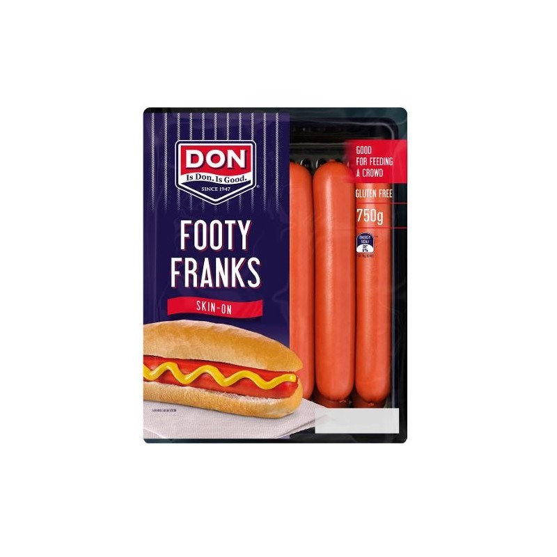 SKIN ON FOOTY FRANKFURTS 750GM SKIN ON FOOTY FRANKFURTS 750GM