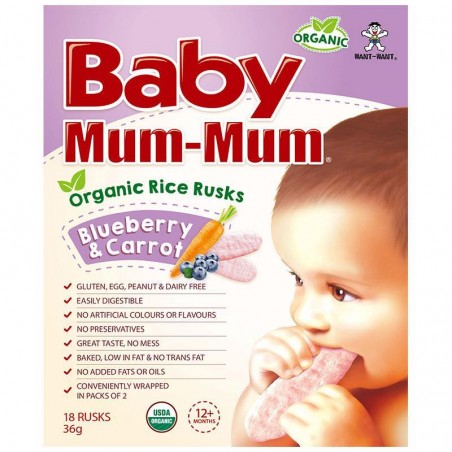 BABY MUM MUM ORGANIC RICE RUSKS BLUEBERRY AND CARROT 12M+ 18PK 36G